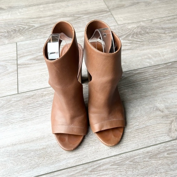 VINCE Addie Open Toe Buckle Back Strap Brown  Leather Bootie Wooden block Heel - Picture 4 of 16